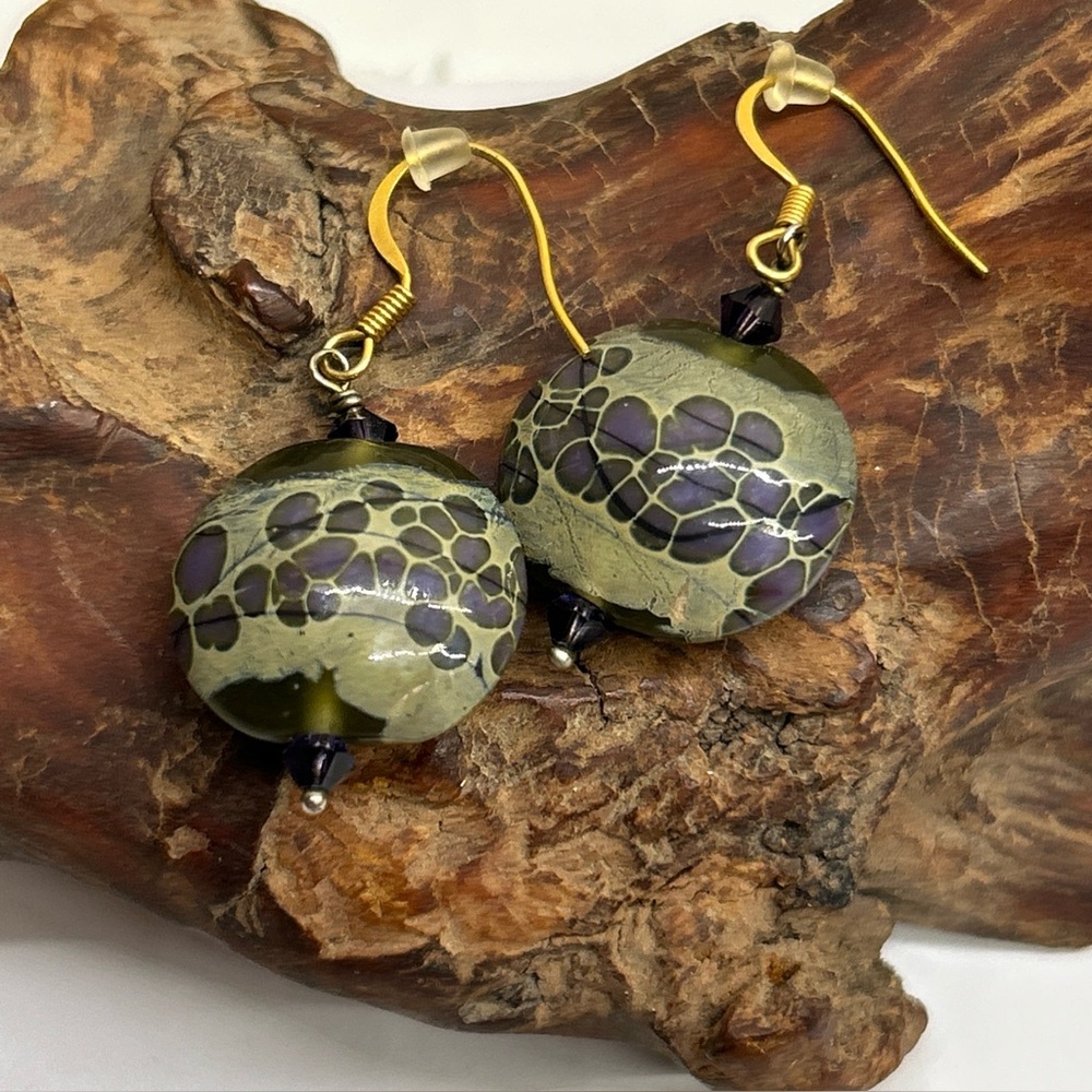 Round Art Glass Bead Earrings Purple And Green Goldtone Hooks